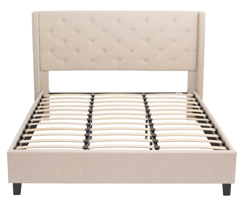 Lit rembourré 180x200 cm en tissu crème-beige avec sommier à lattes structure en bois massif tête de lit capitonnée style classique 04_0010071