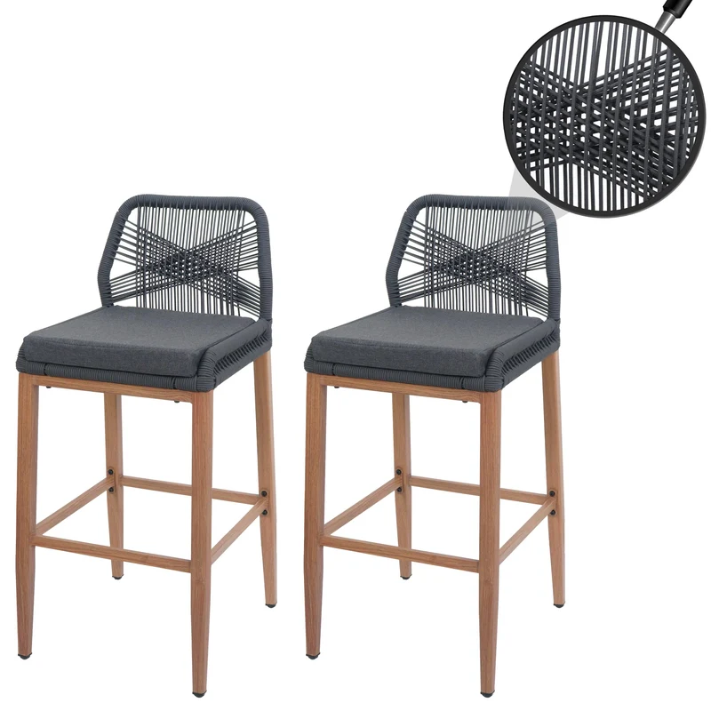 Lot de 2 tabourets de bar extérieur avec dossier cordage élastique décoratif et repose-pieds structure acier effet bois coussins gris foncé 04_0009643