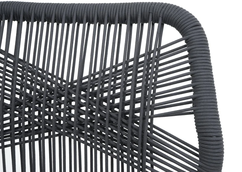 Lot de 2 tabourets de bar extérieur avec dossier cordage élastique décoratif et repose-pieds structure acier effet bois coussins gris foncé 04_0009643