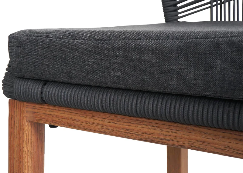 Lot de 2 tabourets de bar extérieur avec dossier cordage élastique décoratif et repose-pieds structure acier effet bois coussins gris foncé 04_0009643