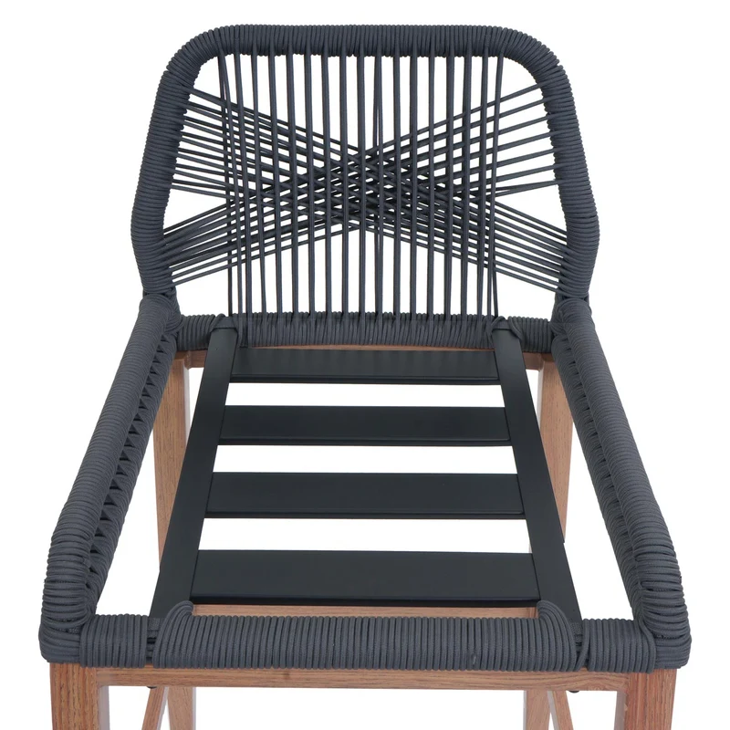 Lot de 2 tabourets de bar extérieur avec dossier cordage élastique décoratif et repose-pieds structure acier effet bois coussins gris foncé 04_0009643