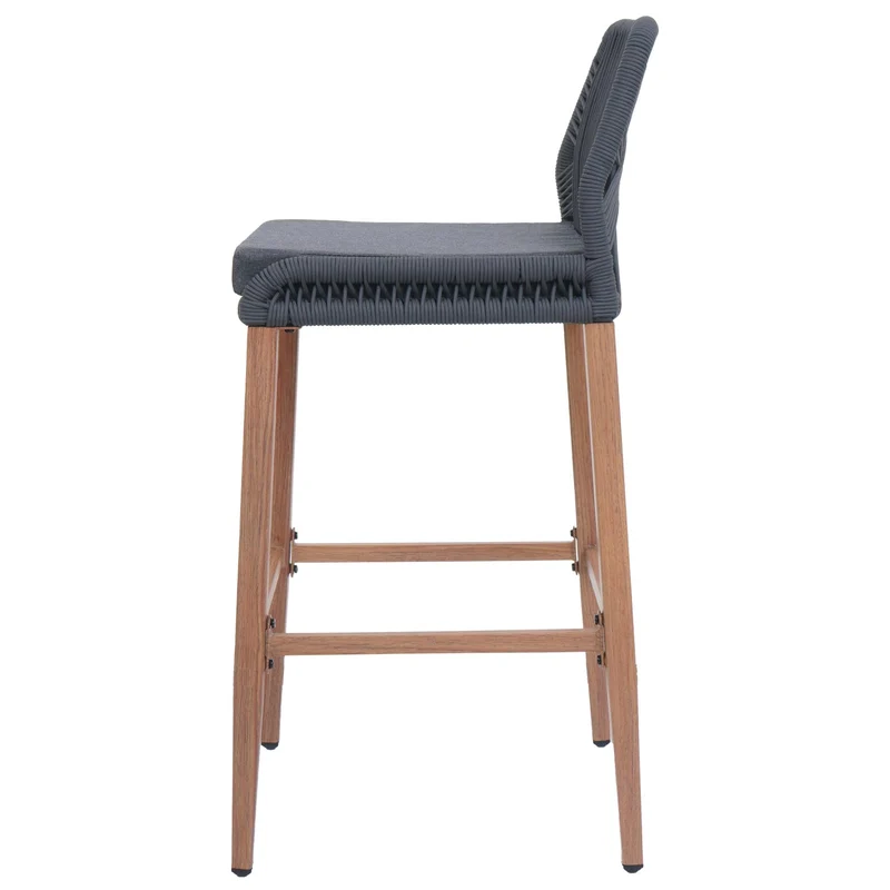 Lot de 2 tabourets de bar extérieur avec dossier cordage élastique décoratif et repose-pieds structure acier effet bois coussins gris foncé 04_0009643