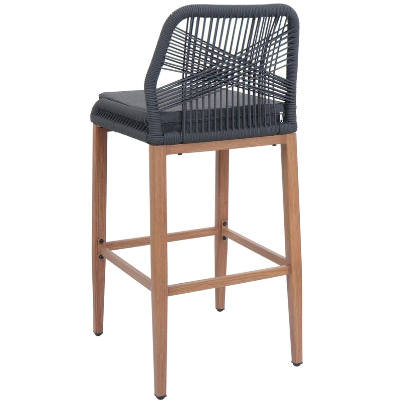 Lot de 2 tabourets de bar extérieur avec dossier cordage élastique décoratif et repose-pieds structure acier effet bois coussins gris foncé 04_0009643