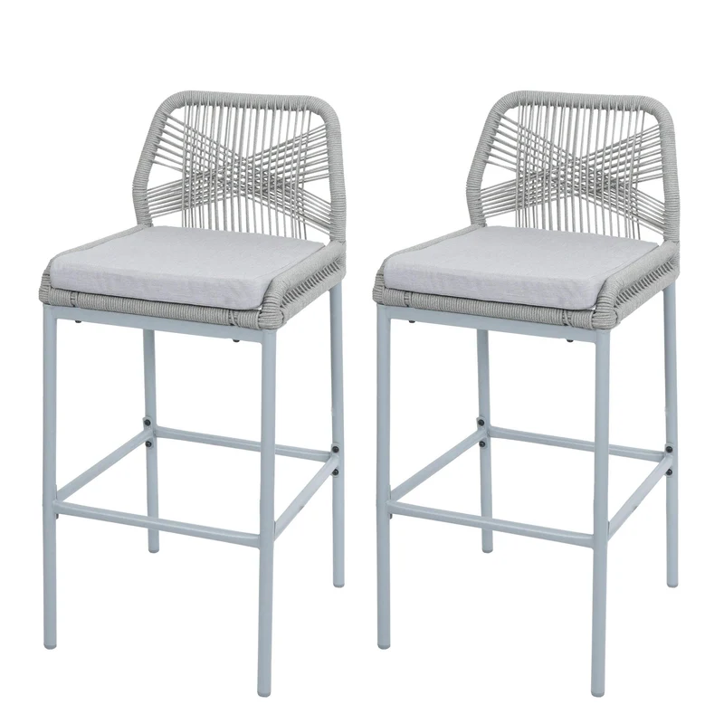 Lot de 2 tabourets de bar style moderne intérieur et extérieur en métal gris et tressage corde coussins gris clair 04_0009635