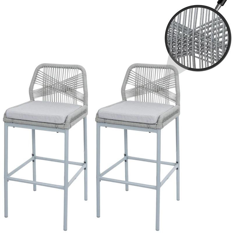 Lot de 2 tabourets de bar style moderne intérieur et extérieur en métal gris et tressage corde coussins gris clair 04_0009635