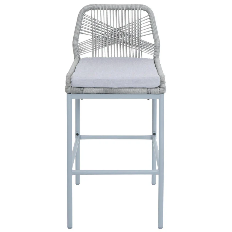 Lot de 2 tabourets de bar style moderne intérieur et extérieur en métal gris et tressage corde coussins gris clair 04_0009635