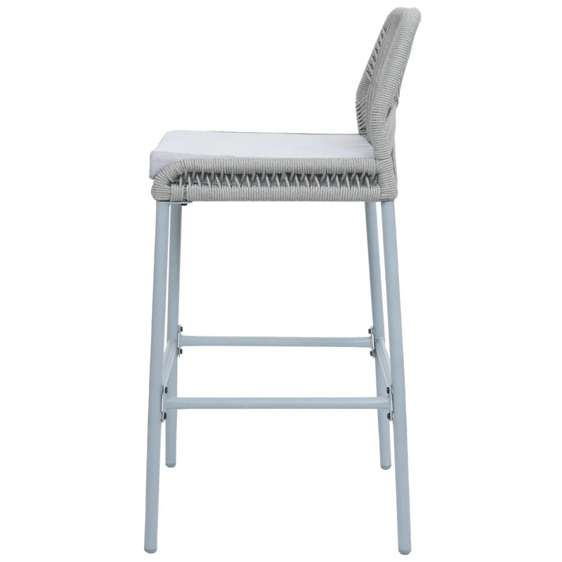 Lot de 2 tabourets de bar style moderne intérieur et extérieur en métal gris et tressage corde coussins gris clair 04_0009635