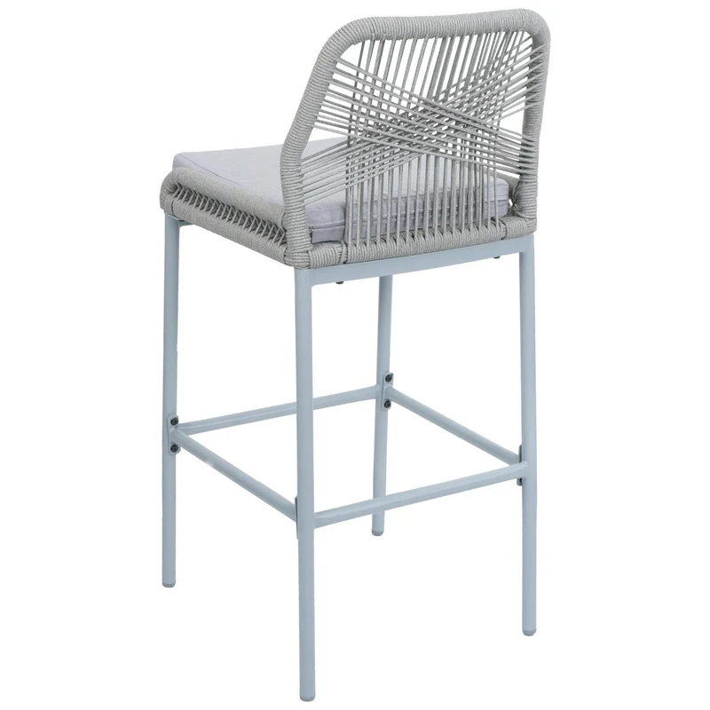 Lot de 2 tabourets de bar style moderne intérieur et extérieur en métal gris et tressage corde coussins gris clair 04_0009635