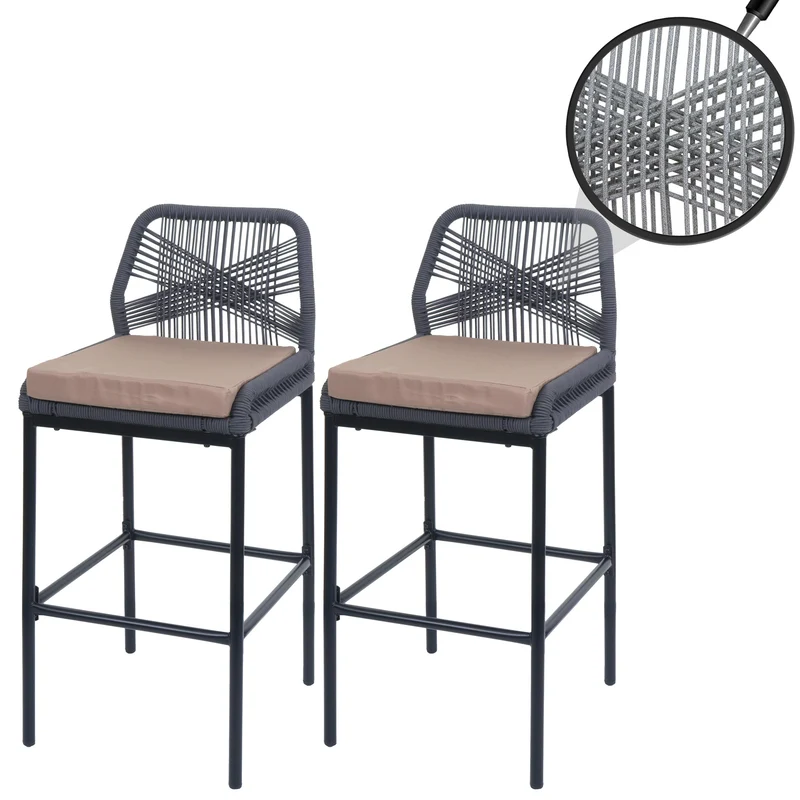 Lot de 2 tabourets de bar style moderne intérieur et extérieur en métal anthracite et tressage corde coussins taupe 04_0009639