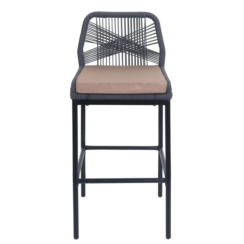 Lot de 2 tabourets de bar style moderne intérieur et extérieur en métal anthracite et tressage corde coussins taupe 04_0009639