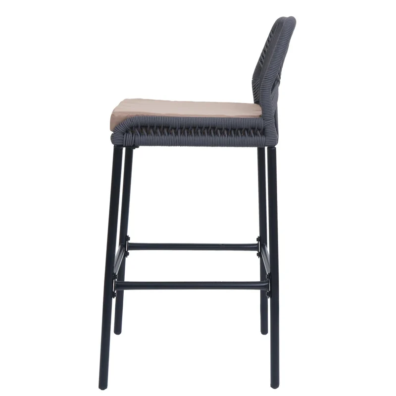 Lot de 2 tabourets de bar style moderne intérieur et extérieur en métal anthracite et tressage corde coussins taupe 04_0009639