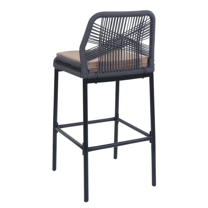 Lot de 2 tabourets de bar style moderne intérieur et extérieur en métal anthracite et tressage corde coussins taupe 04_0009639