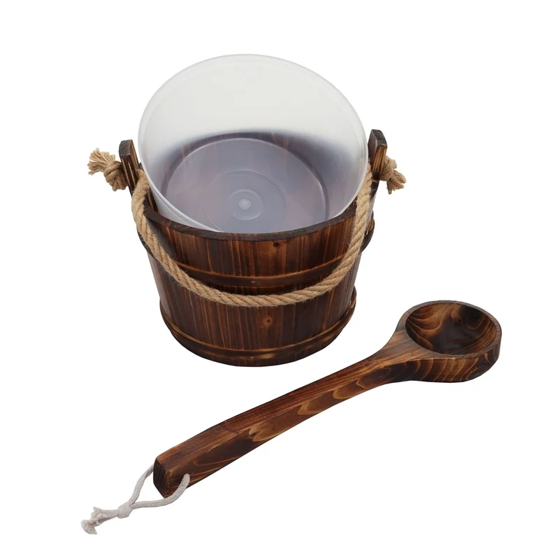 Seau de sauna avec louche insert amovible set sauna 3 pièces 3,5 L en bois de pin brun foncé 04_0010922