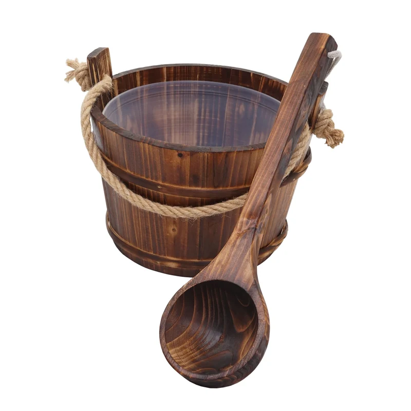 Seau de sauna avec louche insert amovible set sauna 3 pièces 3,5 L en bois de pin brun foncé 04_0010922
