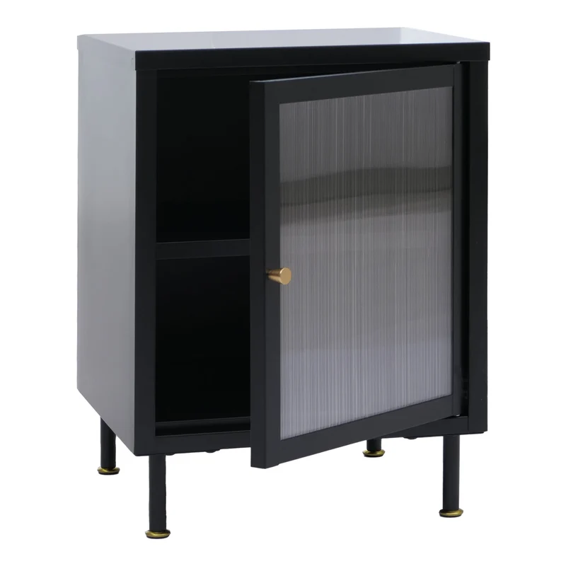 Table de chevet 2 compartiments de rangement style industriel 55x41x41 cm avec poignées dorées en métal noir et verre structuré 04_0008858
