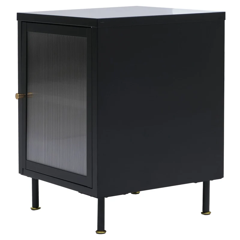 Table de chevet 2 compartiments de rangement style industriel 55x41x41 cm avec poignées dorées en métal noir et verre structuré 04_0008858