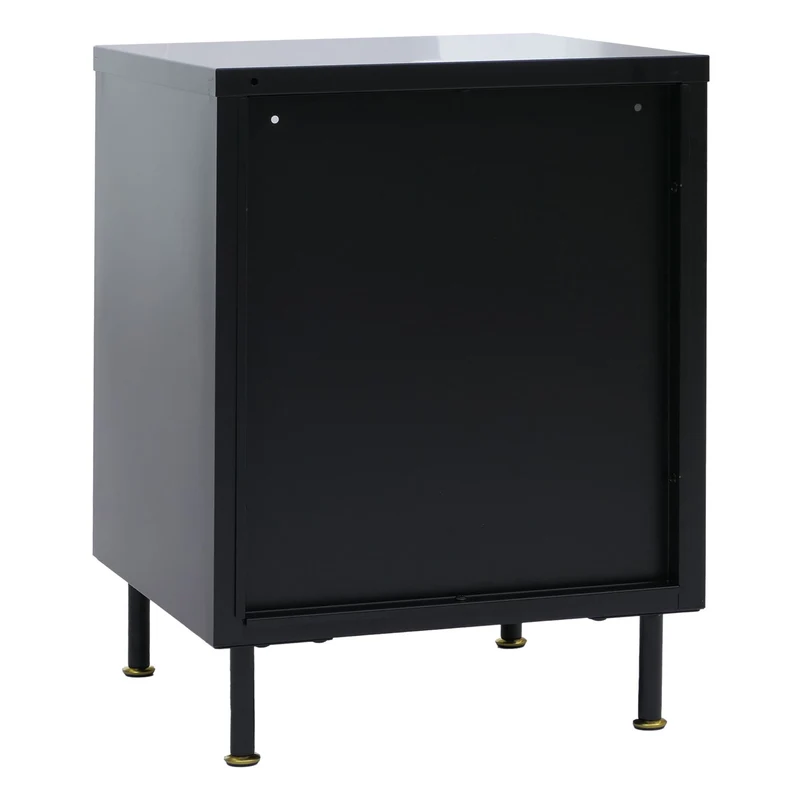 Table de chevet 2 compartiments de rangement style industriel 55x41x41 cm avec poignées dorées en métal noir et verre structuré 04_0008858