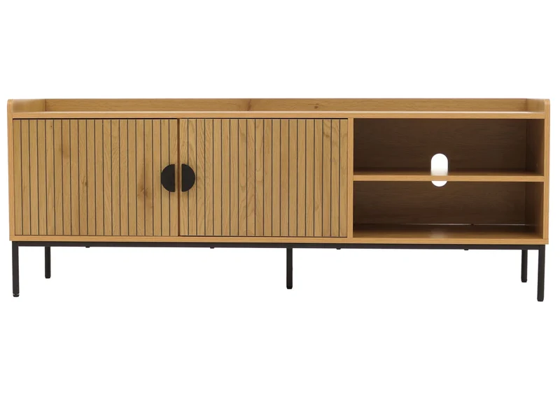 Meuble TV façades à lamelles 2 portes et compartiment ouvert 56x150x40 cm en MDF mélaminé naturel 04_0009434