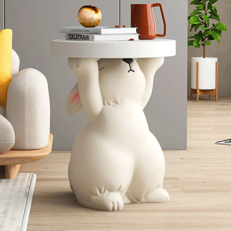 Modern Art Deco Fiberglass Resin Rabbit Round End Table 1-Tier For Living Room