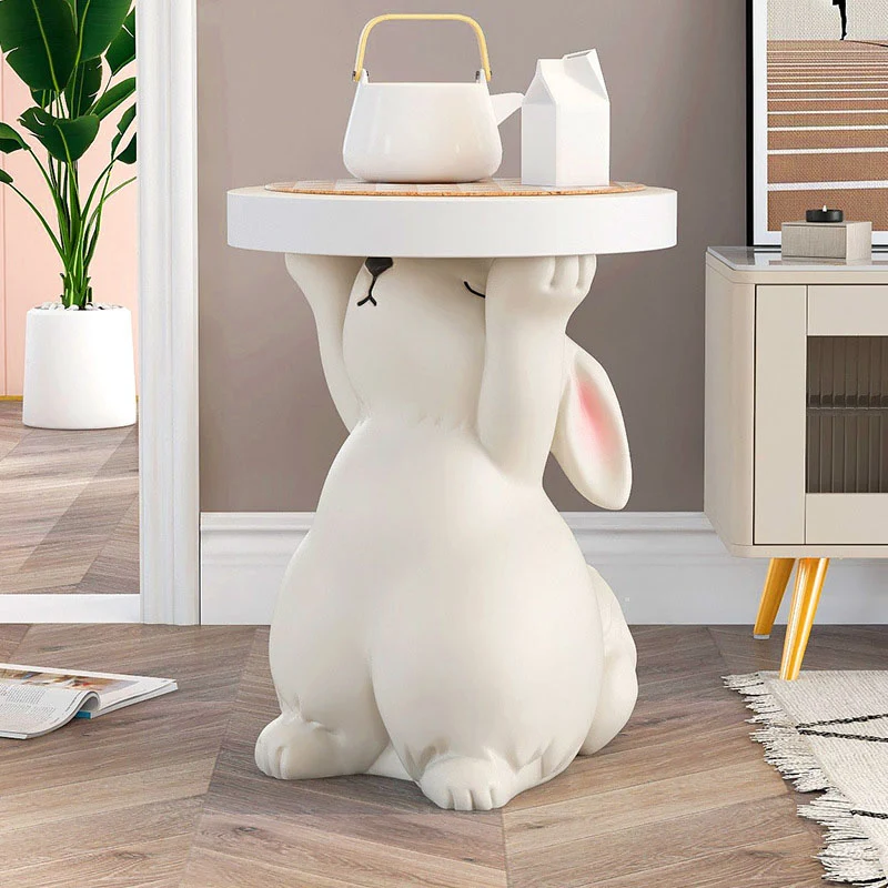 Modern Art Deco Fiberglass Resin Rabbit Round End Table 1-Tier For Living Room