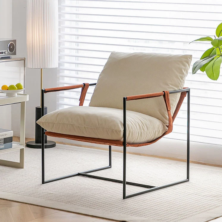 Contemporary Luxury Saddle-Style Faux Leather Velvet Metal Accent Chair Backrest Armrest For Living Room