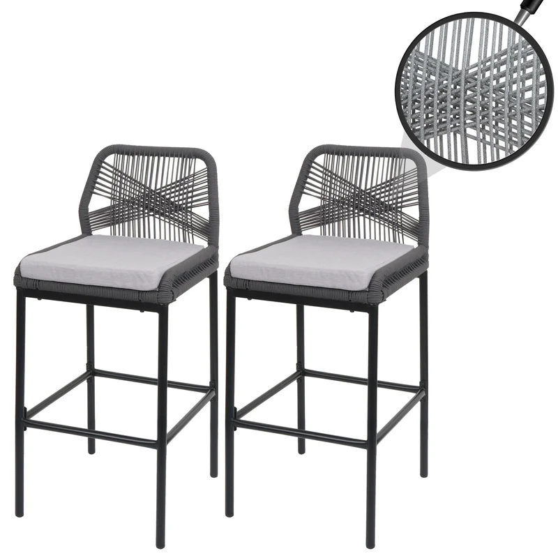 Lot de 2 tabourets de bar style moderne intérieur et extérieur en métal anthracite et tressage corde coussins gris clair 04_0009638