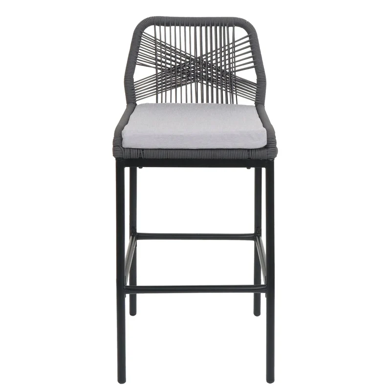 Lot de 2 tabourets de bar style moderne intérieur et extérieur en métal anthracite et tressage corde coussins gris clair 04_0009638