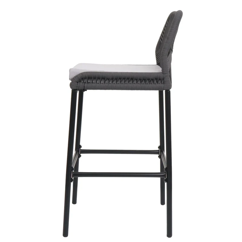 Lot de 2 tabourets de bar style moderne intérieur et extérieur en métal anthracite et tressage corde coussins gris clair 04_0009638