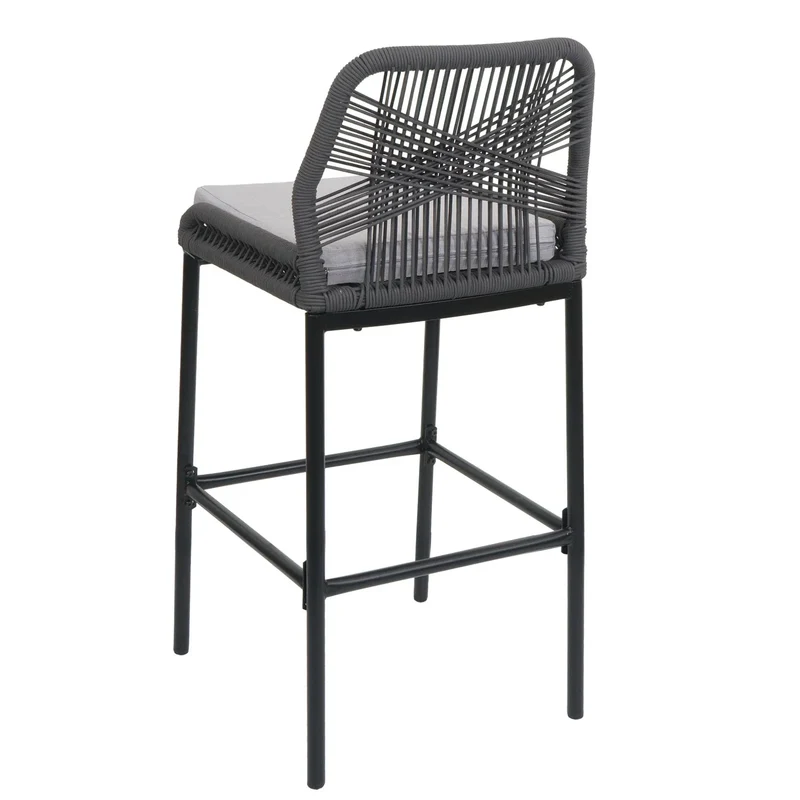 Lot de 2 tabourets de bar style moderne intérieur et extérieur en métal anthracite et tressage corde coussins gris clair 04_0009638
