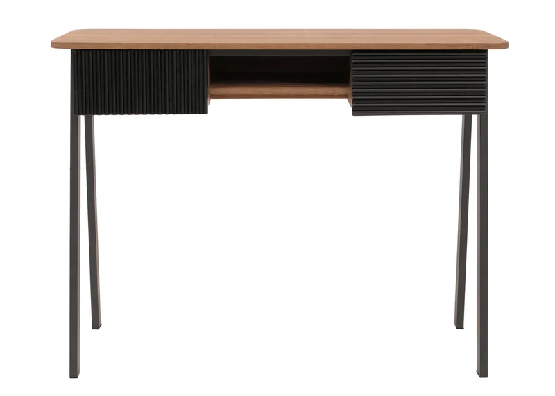 Console bureau 2 tiroirs et compartiment ouvert façades structurées 88x110x40 cm en MDF mélaminé naturel et métal 04_0009203