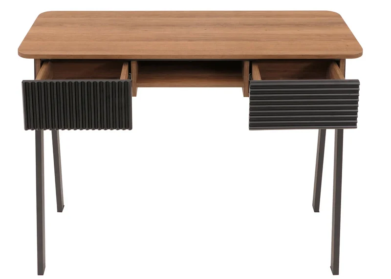 Console bureau 2 tiroirs et compartiment ouvert façades structurées 88x110x40 cm en MDF mélaminé naturel et métal 04_0009203
