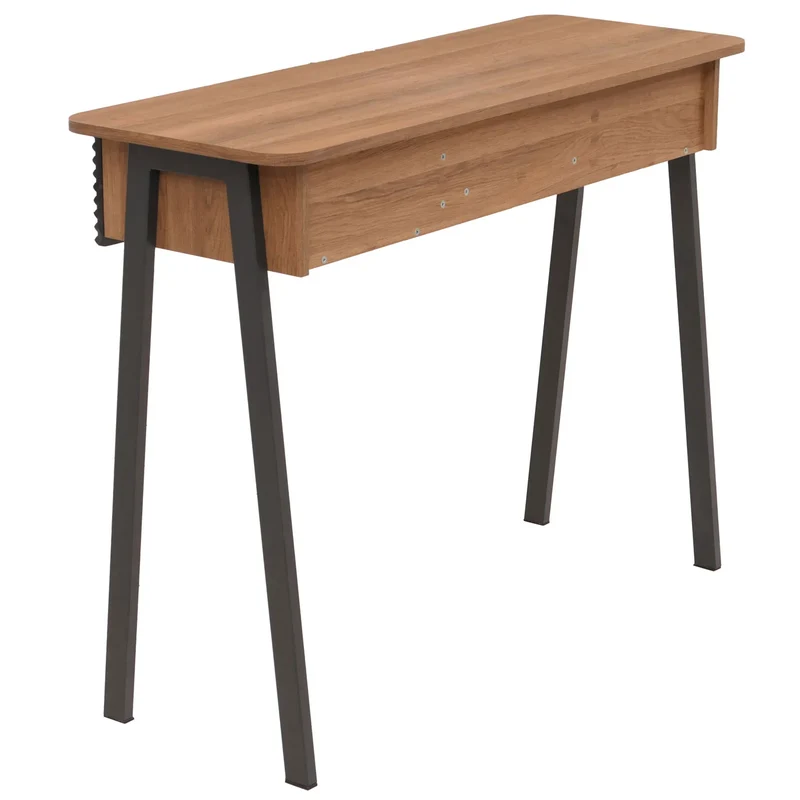 Console bureau 2 tiroirs et compartiment ouvert façades structurées 88x110x40 cm en MDF mélaminé naturel et métal 04_0009203