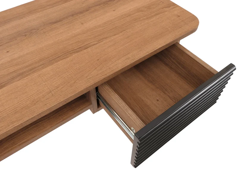 Console bureau 2 tiroirs et compartiment ouvert façades structurées 88x110x40 cm en MDF mélaminé naturel et métal 04_0009203