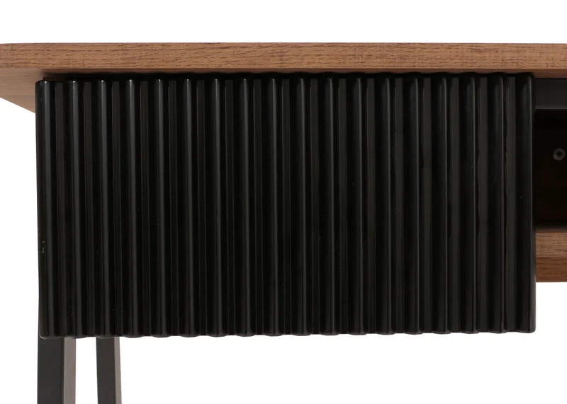Console bureau 2 tiroirs et compartiment ouvert façades structurées 88x110x40 cm en MDF mélaminé naturel et métal 04_0009203