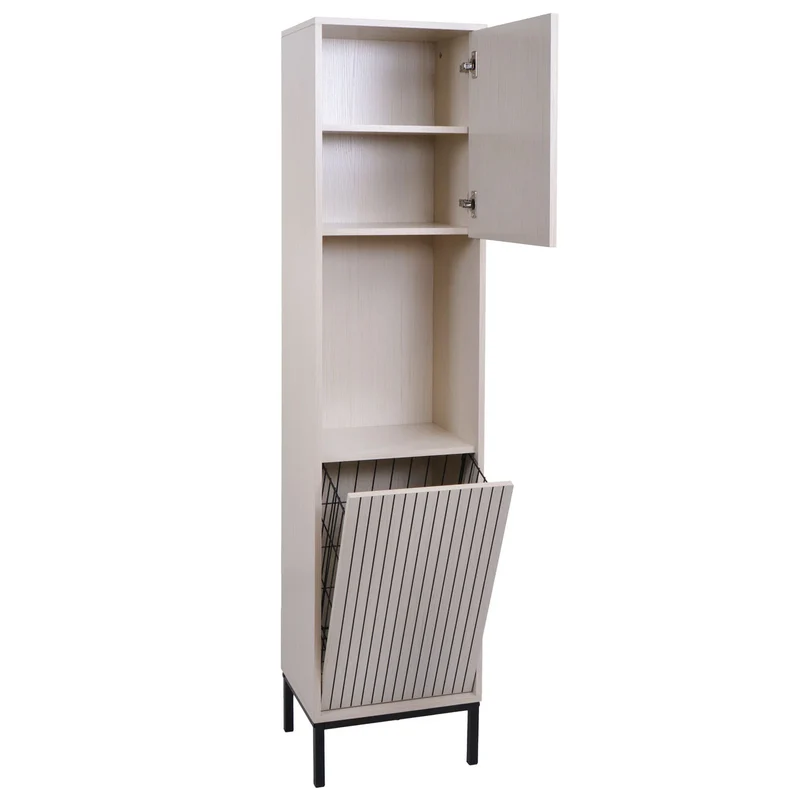 Colonne de salle de bain avec panier à linge intégré 2 portes Soft-Close 174x39x30 cm en MDF mélaminé aspect bois beige 04_0009217