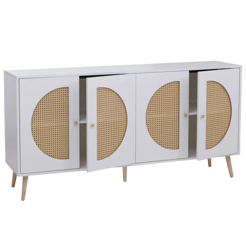 Buffet design contemporain 4 portes 4 compartiments 80x160x40 cm en MDF mélaminé blanc et poly-rotin 04_0008840