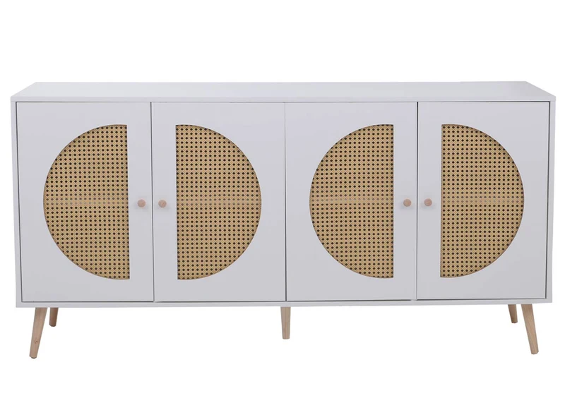 Buffet design contemporain 4 portes 4 compartiments 80x160x40 cm en MDF mélaminé blanc et poly-rotin 04_0008840
