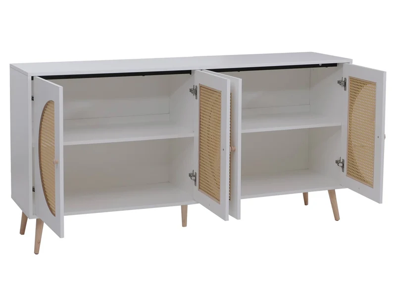 Buffet design contemporain 4 portes 4 compartiments 80x160x40 cm en MDF mélaminé blanc et poly-rotin 04_0008840