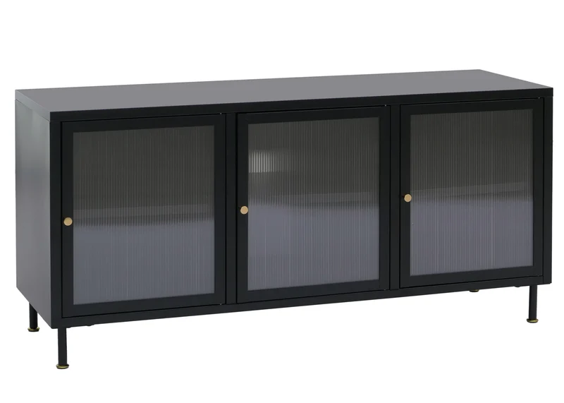 Meuble TV 2 portes 6 compartiments style industriel 58x120x40 cm en acier noir et verre structuré 04_0008866