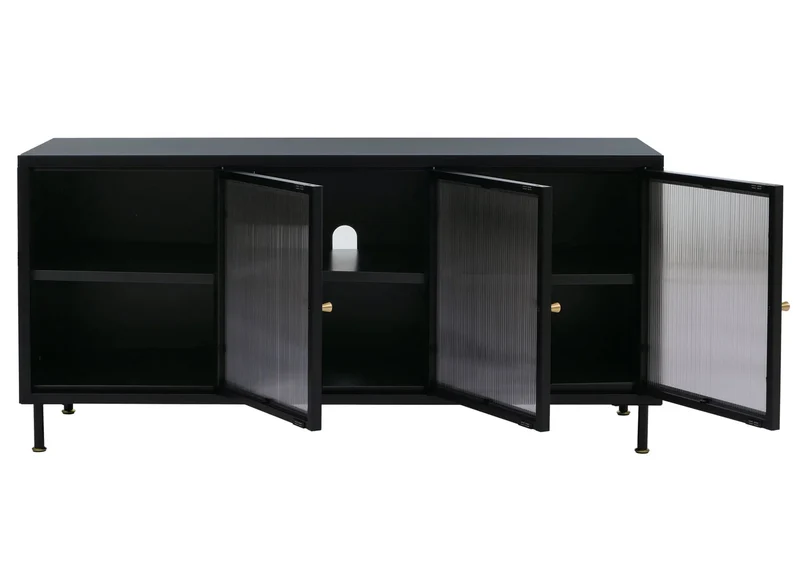 Meuble TV 2 portes 6 compartiments style industriel 58x120x40 cm en acier noir et verre structuré 04_0008866