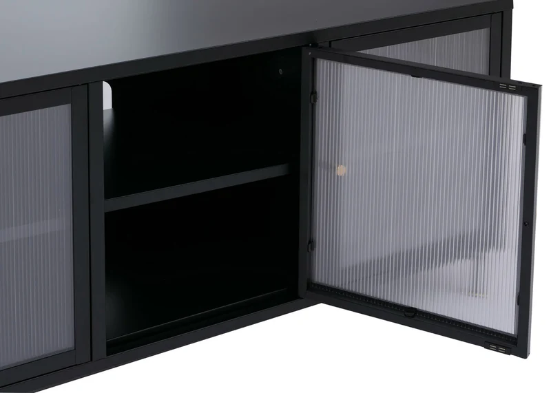 Meuble TV 2 portes 6 compartiments style industriel 58x120x40 cm en acier noir et verre structuré 04_0008866
