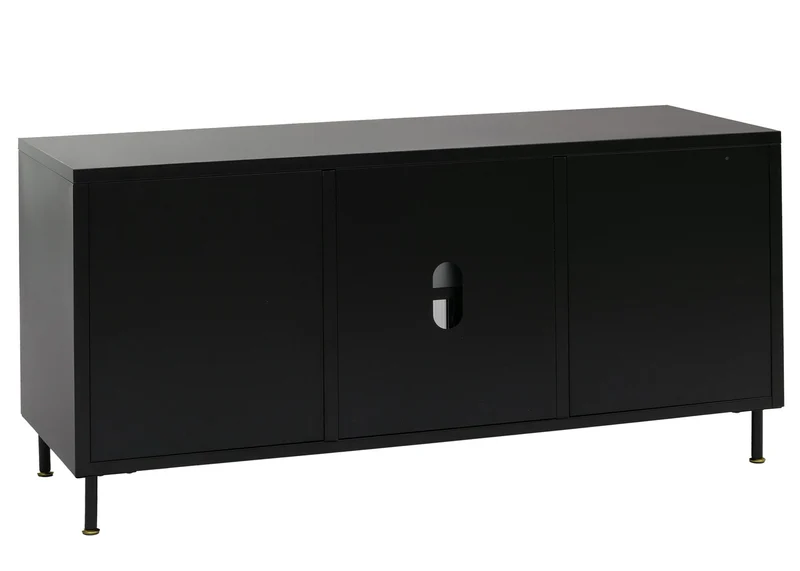 Meuble TV 2 portes 6 compartiments style industriel 58x120x40 cm en acier noir et verre structuré 04_0008866