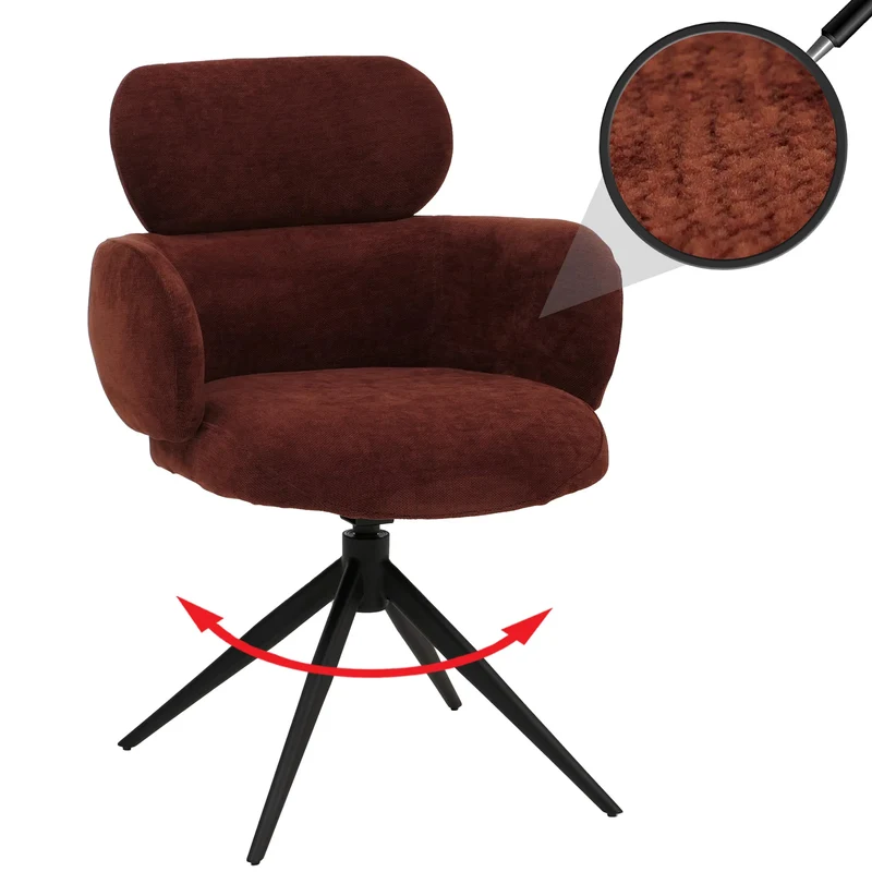 Chaise de salle à manger pivotante fonction Auto-Return 360° en tissu chenille rouge brun piètement métal 04_0009367