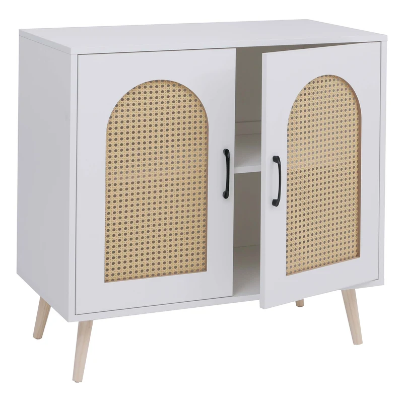 Commode 2 portes 2 compartiments design contemporain 79x80x40 cm en MDF mélaminé blanc et poly-rotin 04_0008825