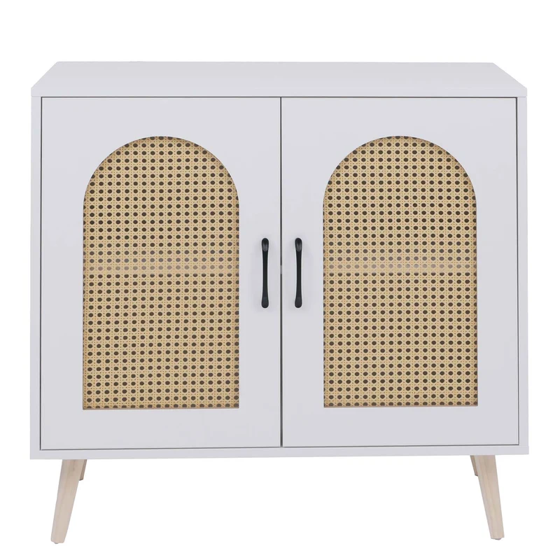 Commode 2 portes 2 compartiments design contemporain 79x80x40 cm en MDF mélaminé blanc et poly-rotin 04_0008825