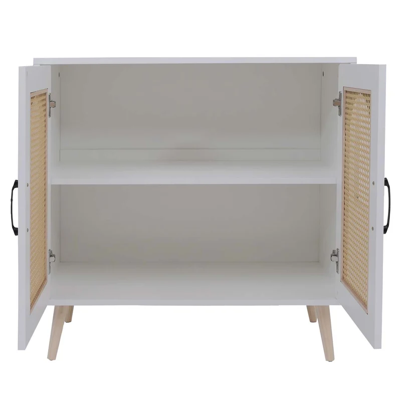 Commode 2 portes 2 compartiments design contemporain 79x80x40 cm en MDF mélaminé blanc et poly-rotin 04_0008825