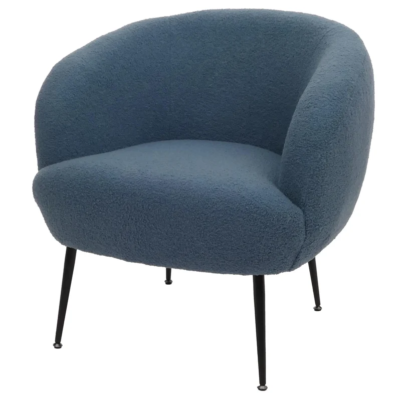 Fauteuil lounge dossier enveloppant et design arrondi en tissu bouclé bleu avec pieds métal 04_0009483