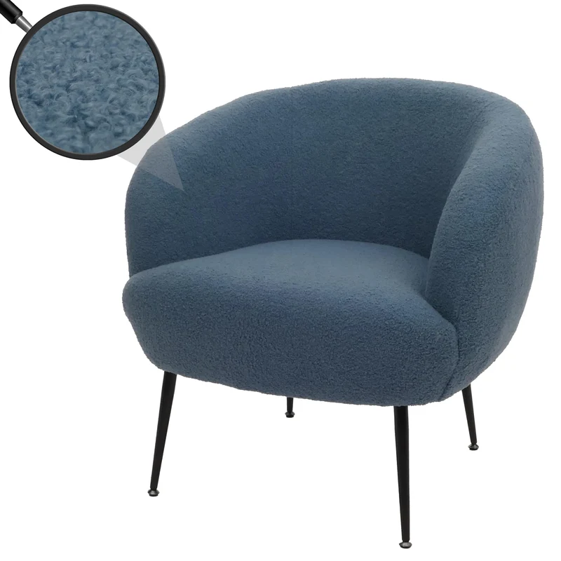 Fauteuil lounge dossier enveloppant et design arrondi en tissu bouclé bleu avec pieds métal 04_0009483