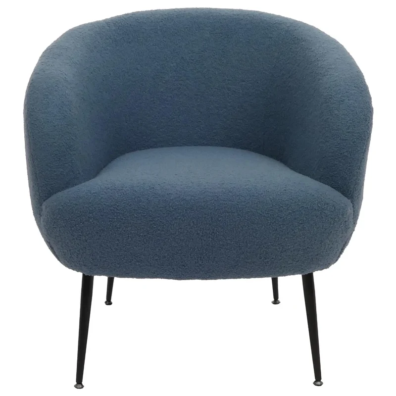 Fauteuil lounge dossier enveloppant et design arrondi en tissu bouclé bleu avec pieds métal 04_0009483