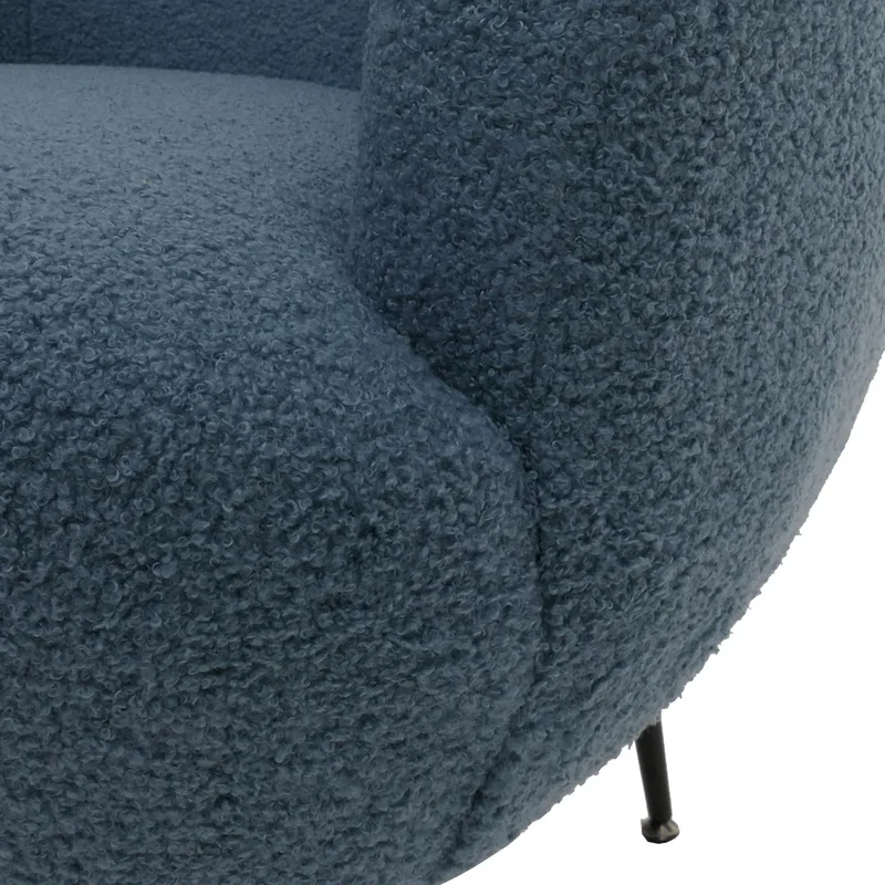 Fauteuil lounge dossier enveloppant et design arrondi en tissu bouclé bleu avec pieds métal 04_0009483